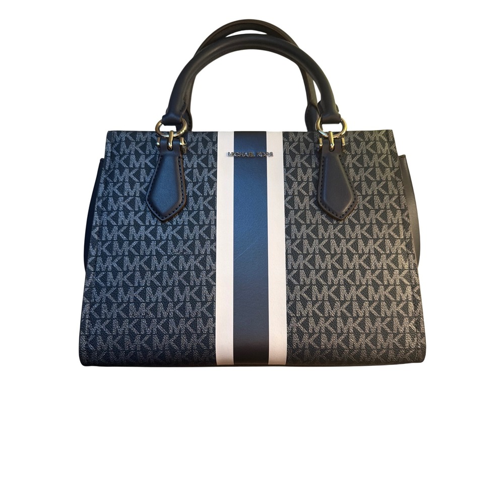 Michael Kors Signature Logo Stripe Satchel Handbag Navy White Silver Hardware